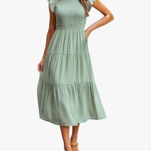 KYL Summer Casual Midi Maxi Dress Boho Flutter Sleeve Smocked Green M Women’s